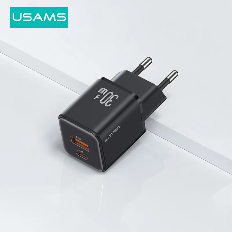 USAMS Dual USB Fast Charger 30W Type C PD Quick Charge 3.0 Phone Charger for iPhone 15 14 13 12 11 Pro Max Xiaomi Samsung Tablet